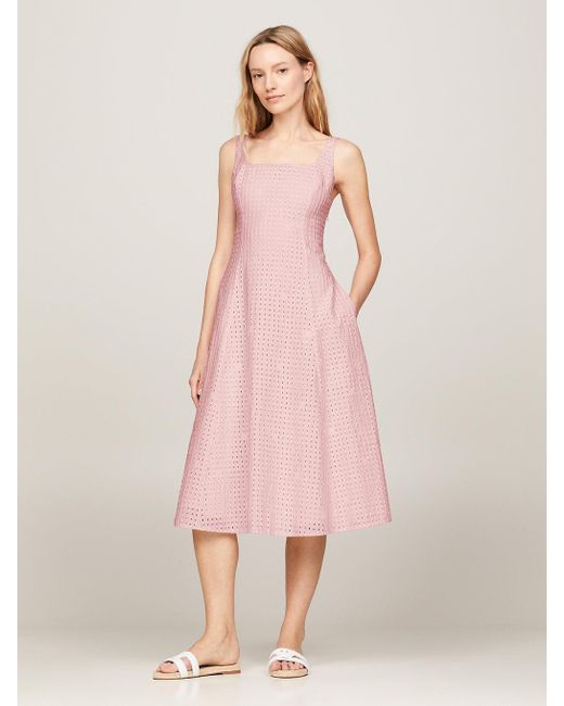 Tommy Hilfiger Pink Broderie Anglaise Strap Midi Dress