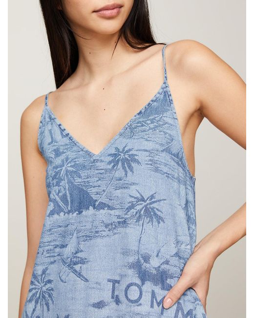Tommy Hilfiger Blue Hawaiian Print Chambray Sleeveless Maxi Dress