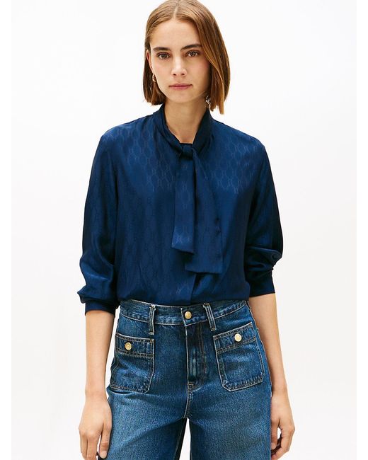 Tommy Hilfiger Blue Regular Fit Silk Blend Flag Jacquard Shirt