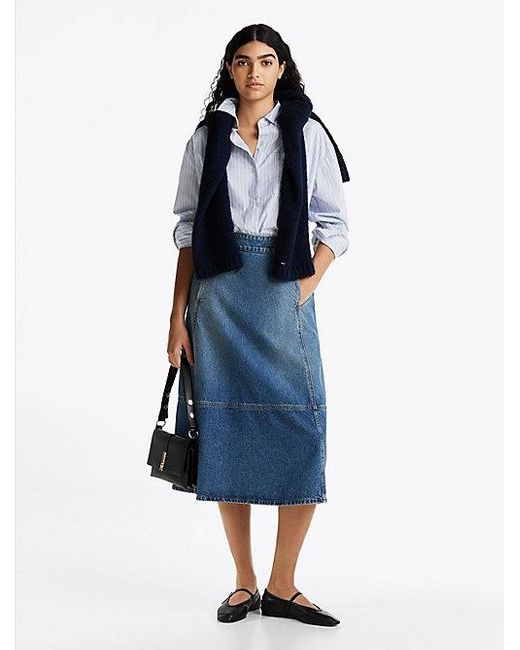 Tommy Hilfiger Denim A-Line Midirok Met Leren Detail in het Blue