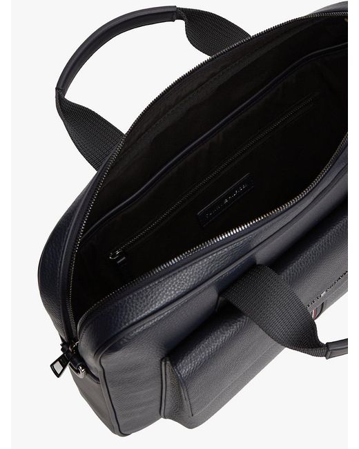 Tommy Hilfiger Black Flap Pocket Pebble Grain Laptop Bag for men