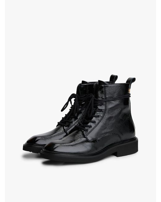 Tommy Hilfiger Black Crinkle Leather Lace-Up Ankle Boots