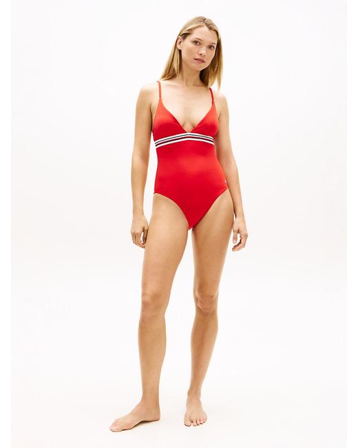 Tommy Hilfiger Red Global Stripe Plunge Triangle Swimsuit