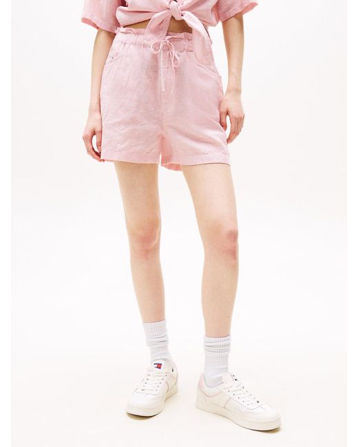 Short En Lin À Taille Froncée Tommy Hilfiger en coloris Pink