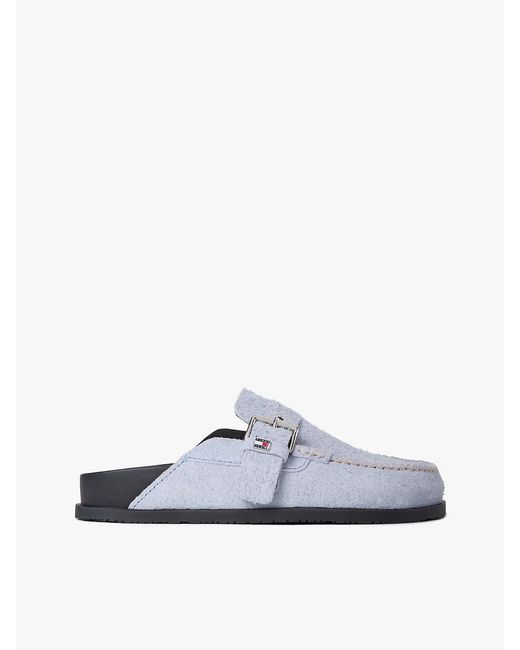 Tommy Hilfiger White Textured Suede Buckle Mules