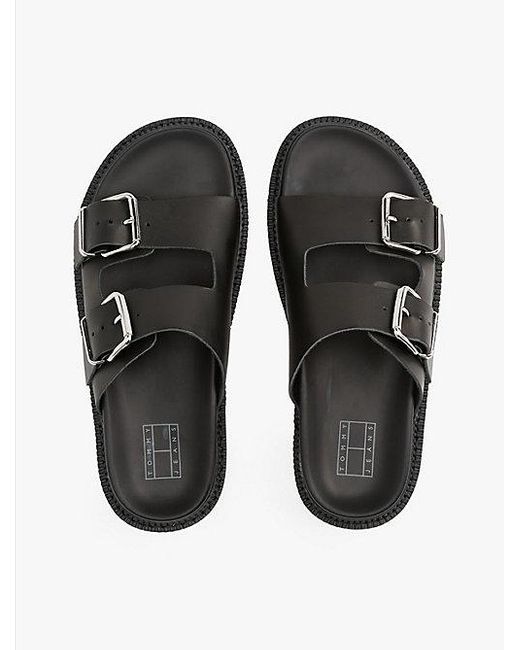 Tommy Hilfiger Leren Sandaal Met Dubbele Band En Profielzool in het Black