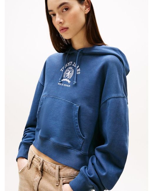 Felpa Crop Squadrata Con Cappuccio E Logo di Tommy Hilfiger in Blue