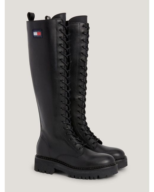 Tommy Hilfiger Black Urban Leather Lace-up Knee-high Boots