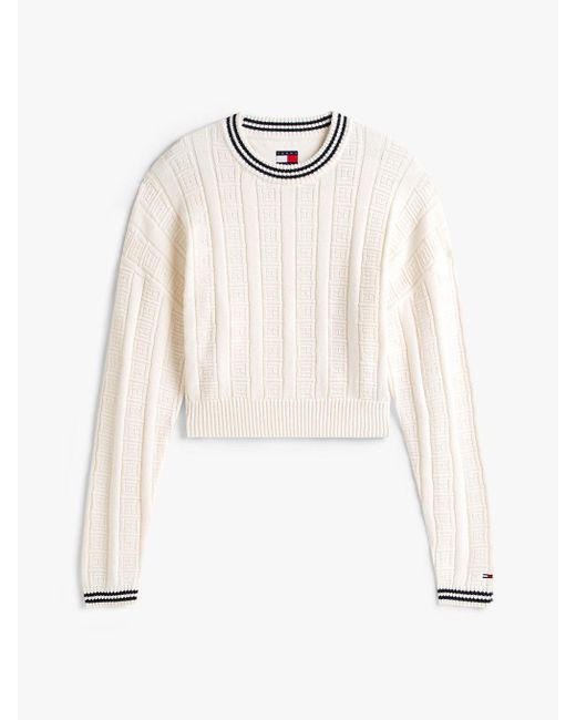 Tommy Hilfiger White S Cotton Cable Pullover Crewneck Sweater With Knit Flag Print