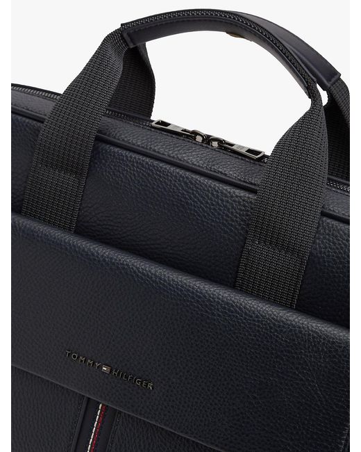 Tommy Hilfiger Black Flap Pocket Pebble Grain Laptop Bag for men