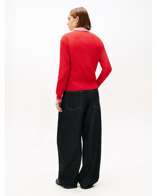 Tommy Hilfiger Red Cable Knit V-neck Jumper