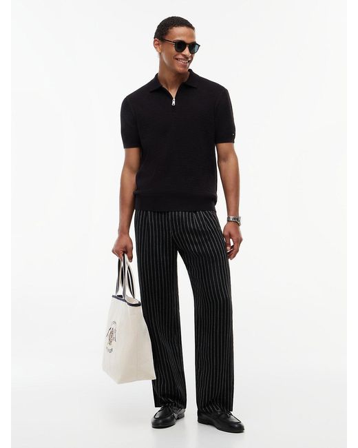 Tommy Hilfiger Black Regular Fit Textured Knit Zip Polo Shirt for men
