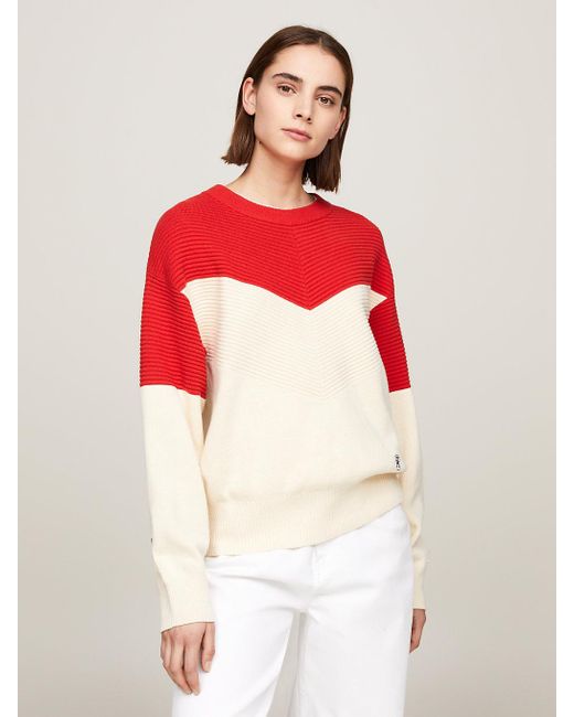 Tommy Hilfiger Red Colour-blocked Ottoman Jumper