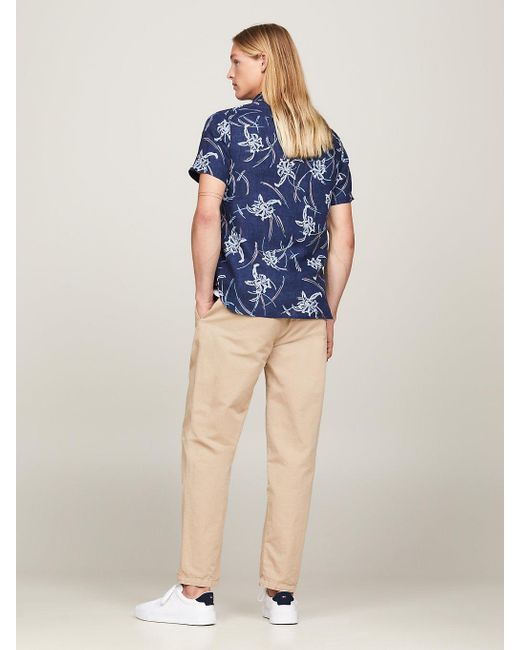 Tommy Hilfiger Blue Tropical Linen Short Sleeve Slim Shirt for men