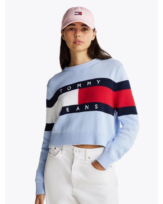 Pullover Relaxed Fit Con Bandiera Color Block di Tommy Hilfiger in White