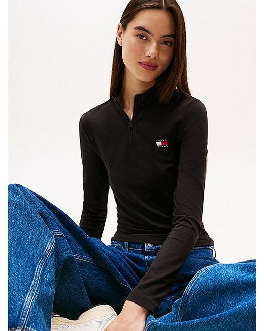 Tommy Hilfiger Longsleeve Top Met 1/4-Rits En Badge in het Blue