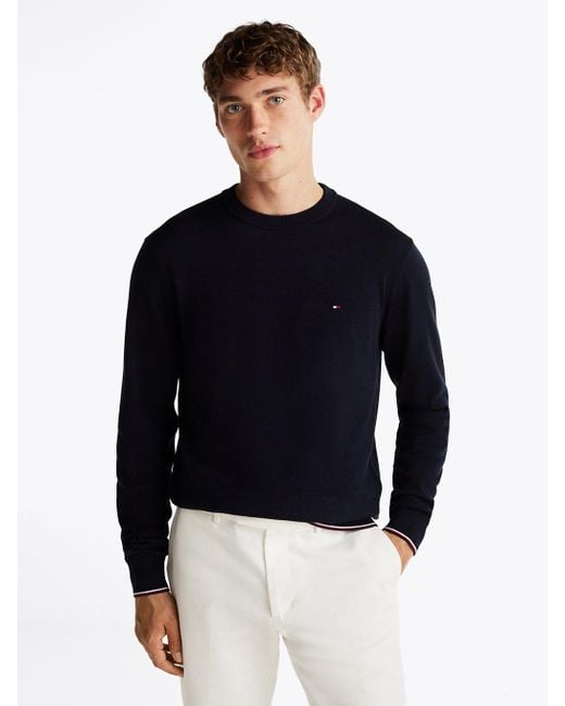 Tommy Hilfiger Blue Tipped Crew Neck Jumper With Silk for men