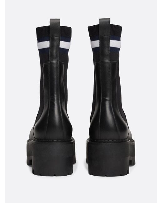 Tommy Hilfiger Black Leather Cleat Flatform Chelsea Sock Boots
