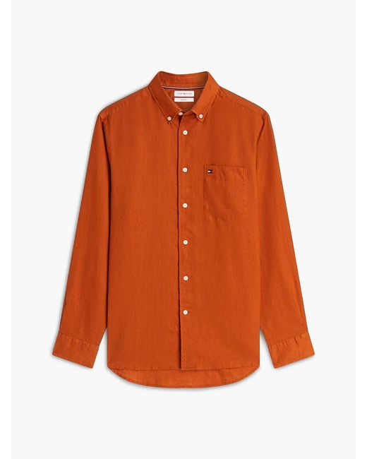 Tommy Hilfiger Orange Regular Fit Washed Pure Linen Shirt for men