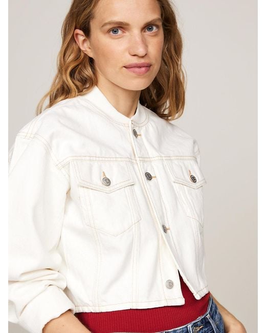 Tommy Hilfiger White Cropped Relaxed Denim Bomber Jacket