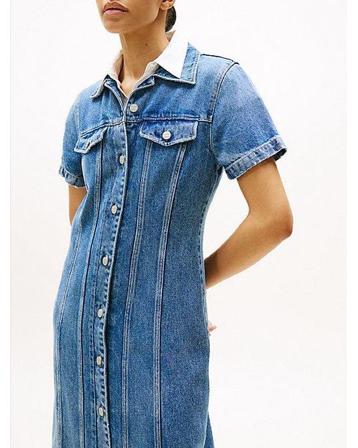 Tommy Hilfiger Midi Denim Overhemdjurk Met Korte Mouwen in het Blue