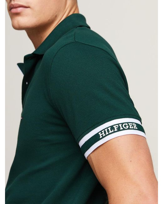 Tommy Hilfiger Green Hilfiger Monotype Logo Cuff Slim Fit Polo for men