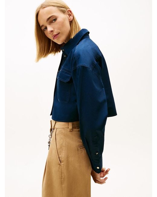Tommy Hilfiger Blue Oversized Fit Twill Cropped Utility Shirt