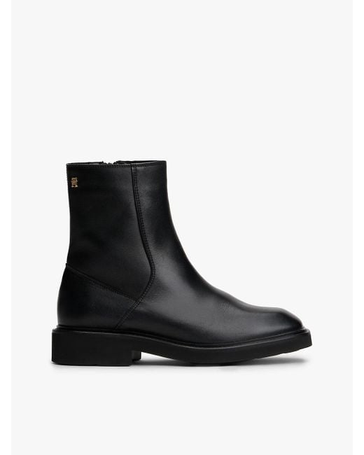 Tommy Hilfiger Black Square Toe Leather Ankle Boots