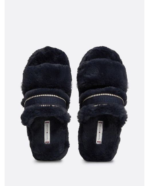 Tommy Hilfiger Black Faux Fur Logo Slippers