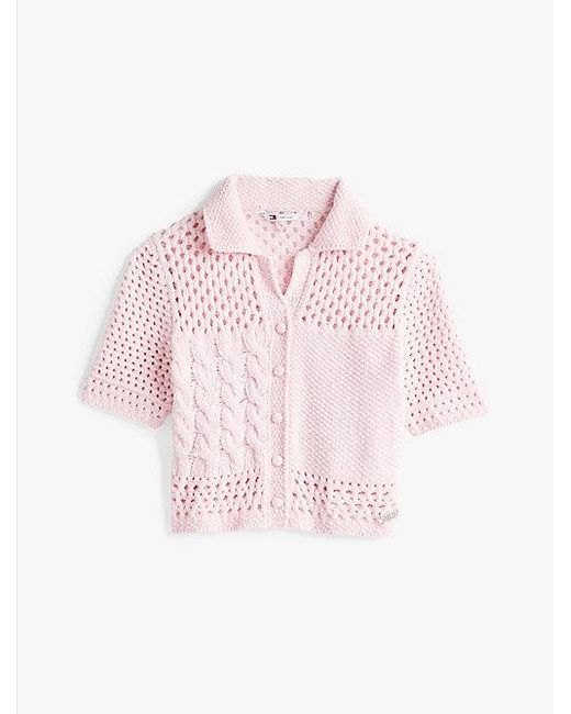 Cárdigan De Manga Corta Con Cuello De Polo Tommy Hilfiger de color White