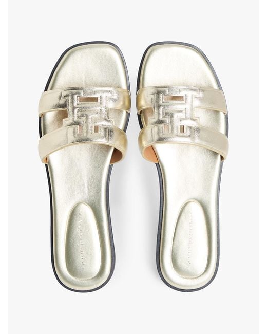 Tommy Hilfiger White Metallic Leather Slip-On Mules