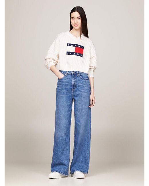 Tommy Hilfiger White Tommy Flag V-neck Cropped Jumper