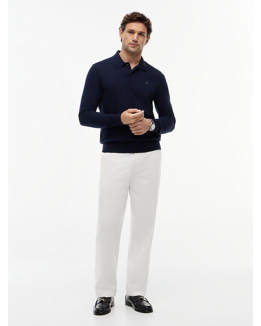 Tommy Hilfiger Blue Cotton Cashmere Long Sleeve Pullover Sweater Polo for men