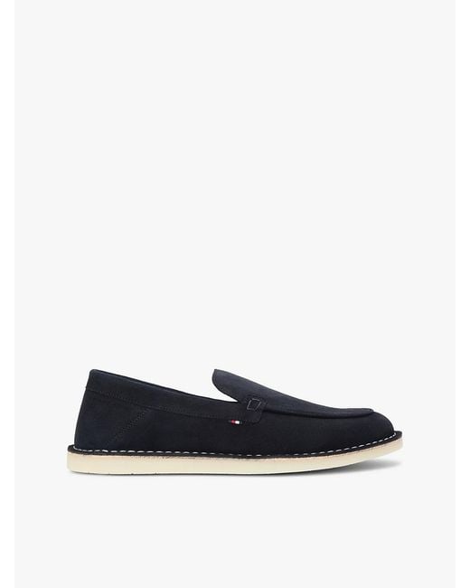 Tommy Hilfiger White Debossed Logo Topstitch Suede Loafers for men
