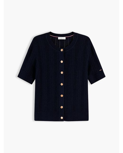 Tommy Hilfiger Blue Pointelle-Tone Button Short Sleeve Cardigan