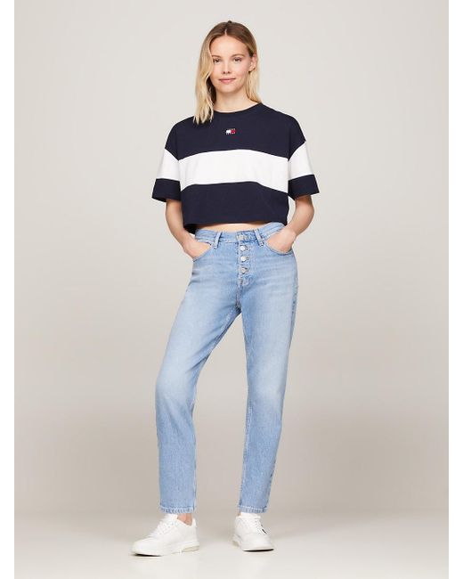Tommy Hilfiger Blue Cropped Colour-blocked Badge T-shirt