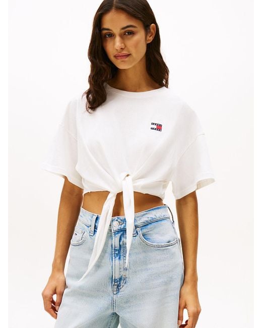 Tommy Hilfiger White Tommy Badge Cropped Knot T-shirt