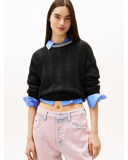 Tommy Hilfiger Black Cotton Cable Knit Crew Neck Sweater With Flag Print