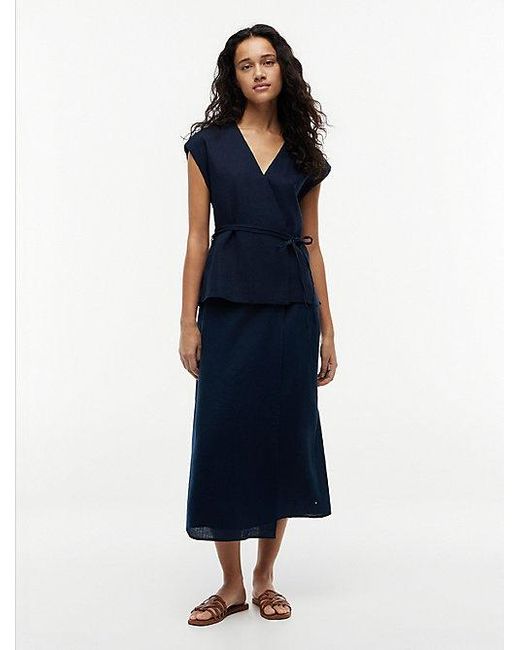 Tommy Hilfiger Blue Wickelbluse ESS LINEN WRAP TIE NS VEST Materialmix, Bindeband
