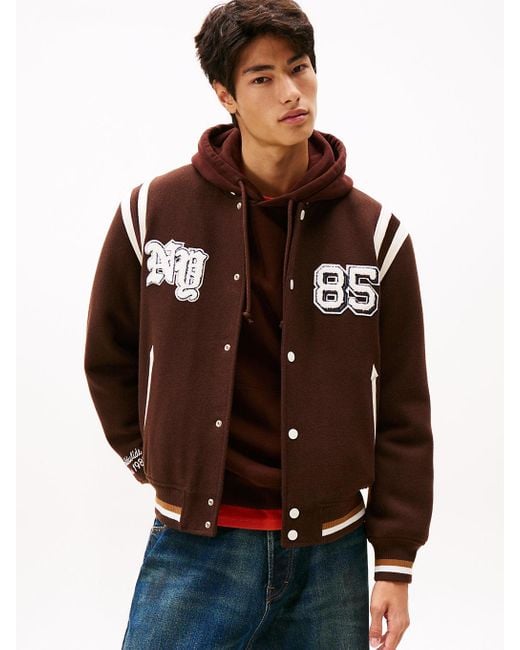 Tommy Hilfiger Brown Varsity Logo Appliqué Bomber Jacket With Wool for men