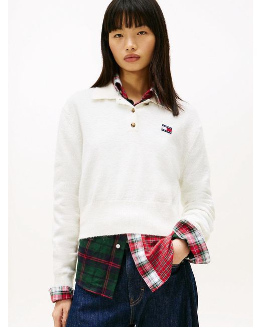 Tommy Hilfiger White Tommy Badge Polo Jumper With Alpaca