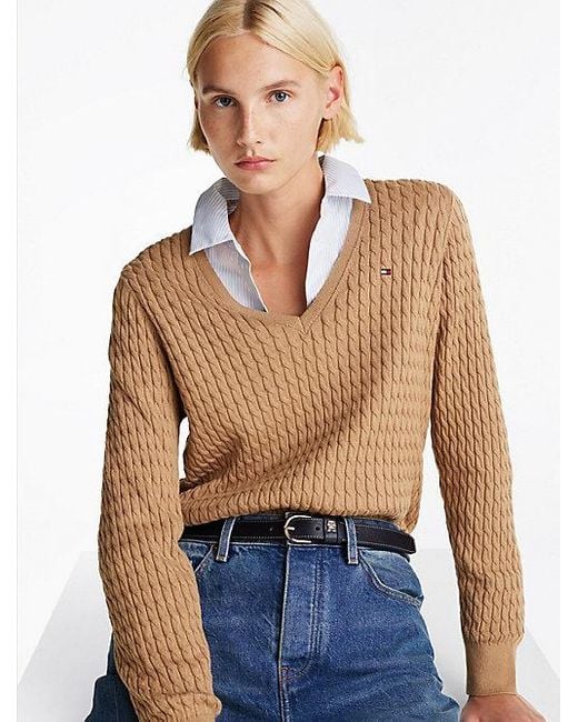 Tommy Hilfiger Kabelgebreide Trui Met V-Hals in het Blue