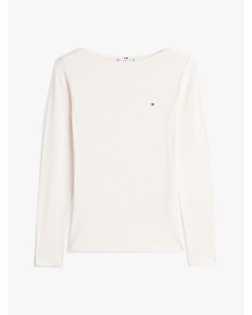 Tommy Hilfiger White Ribbed Slim Boat Neck Long Sleeve T-Shirt