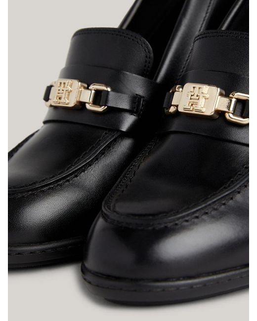Tommy Hilfiger Black Th Monogram Leather Block Heel Loafers