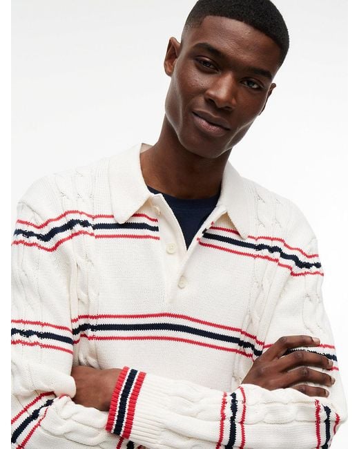 Tommy Hilfiger White Tommy Badge Cable Knit Stripe Polo Jumper for men