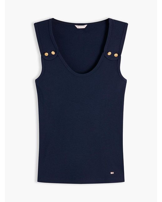 Tommy Hilfiger Blue Tone Button Ribbed Tank Top