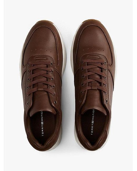 Tommy Hilfiger Hybride Leren Sneaker Met Fijne Profielzool in het Brown voor heren