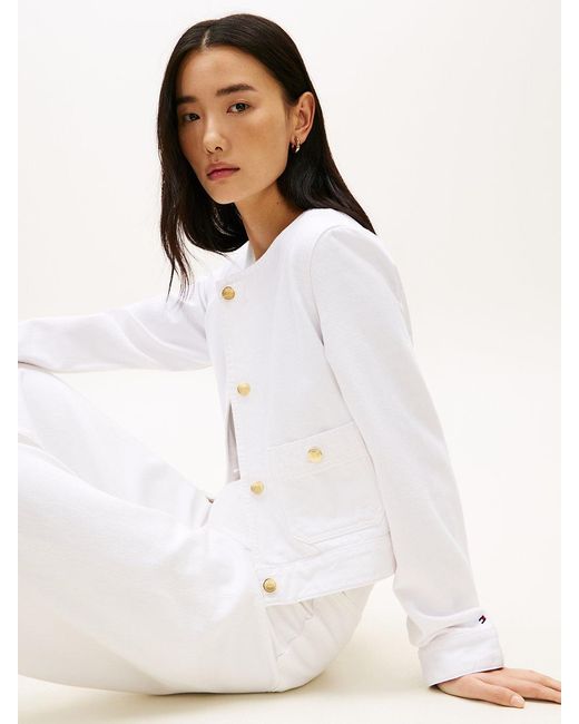 Tommy Hilfiger White Tone Button Collarless Denim Jacket