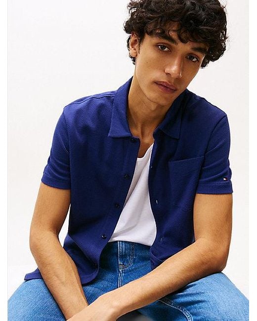 Tommy Hilfiger Regular Opengebreid Overhemd Met Korte Mouwen in het Blue voor heren