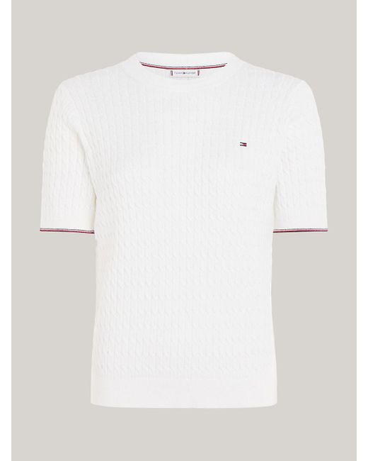 Tommy Hilfiger White Cable Knit Short Sleeve Jumper